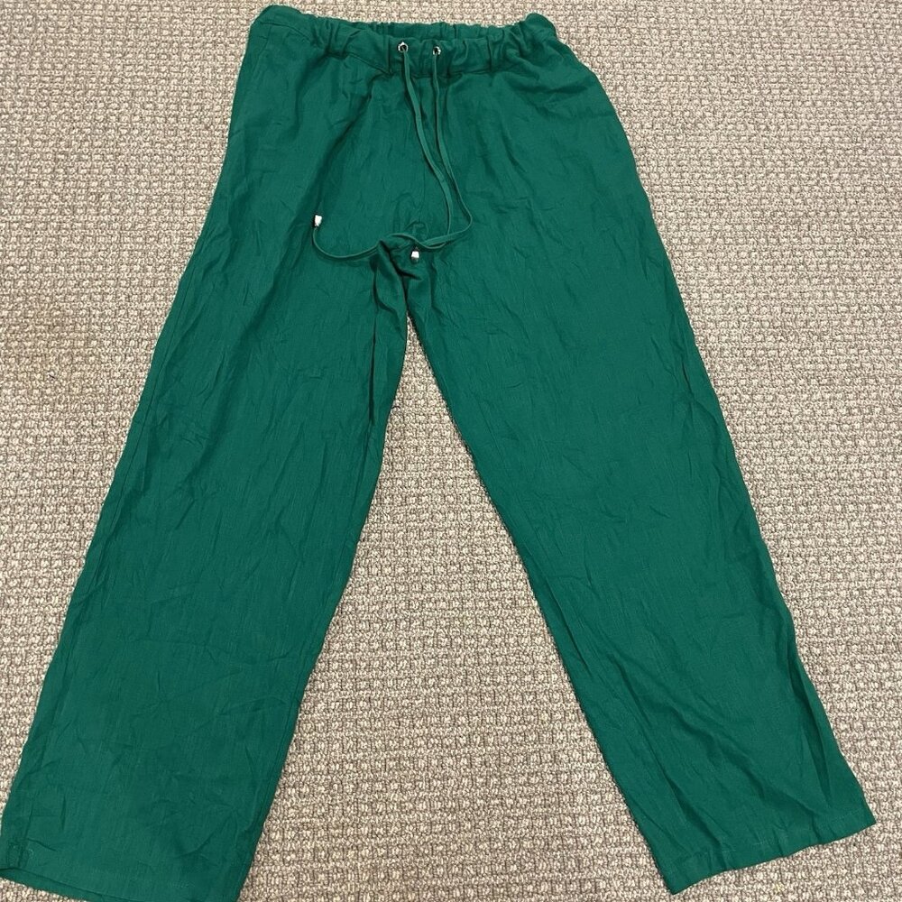 Ashley Stewart Pants Womens 12 Linen Kelly Green Wide Leg Stretch Drawstring